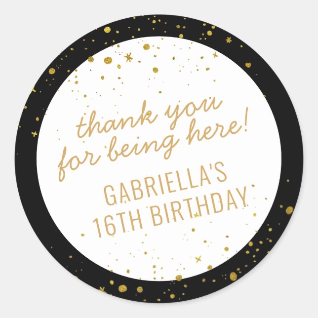 Thank You Gold Sparkles Black White Birthday Favou Classic Round Sticker (Front)