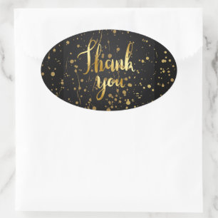 Thank you, gold text on black background, oval sticker