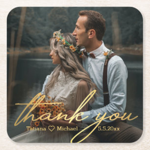 thank you,golden handwritting wedding photo  square paper coaster