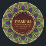 Thank You Golden Peacock Feathers Mandala  Classic Round Sticker<br><div class="desc">Bold and beautiful design : Customizable text with a circle of peacock feathers. Gorgeous greens and purples colours with rich gold trims. | These decorative custom name and details makes standout design for many special events - fully customizable ♥ Engagement / Wedding (or anniversary) keepsake gifts for the special couple...</div>