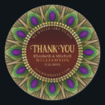 Thank You Golden Peacock Feathers Mandala  Classic Round Sticker<br><div class="desc">Bold and beautiful design : Customizable text with a circle of peacock feathers. Gorgeous greens and purples colours with rich gold trims. | These decorative custom name and details makes standout design for many special events - fully customizable ♥ Engagement / Wedding (or anniversary) keepsake gifts for the special couple...</div>