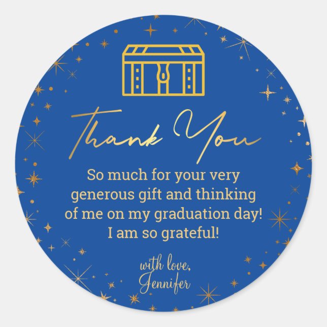 thank you graduation blue gold trunk glitters  classic round sticker (Front)