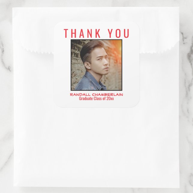 Thank You Graduation Red Black Custom Photo Square Sticker (Bag)