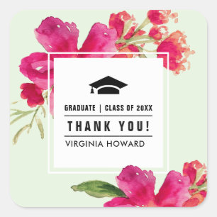 Thank You. Green Mint   Fuchsia Floral Graduation  Square Sticker