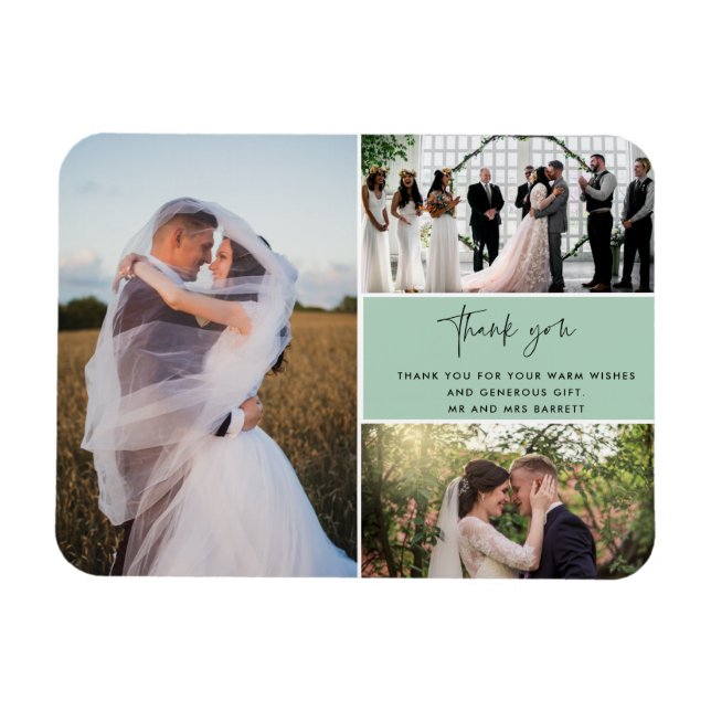 Thank You Green Three Photo Collage Wedding Magnet (Horizontal)