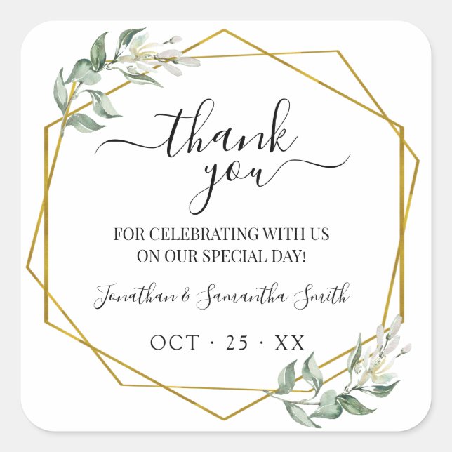 Thank you greenery gold geometric wedding square sticker (Front)