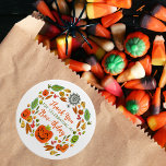 Thank You Halloween Birthday Classic Round Sticker<br><div class="desc">Are you celebrating a Halloween birthday this year and want a sweet, not spooky, illustrated theme for your party? These extra cute and colourful Halloween themed thank you stickers feature hand drawn festive fun! A wreath of jack o lanterns, autumn leaves, and a spider web surrounds your customizable details of...</div>