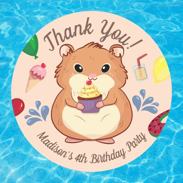 Thank You Hamster Birthday Pool Party  Classic Round Sticker (Creator Uploaded)