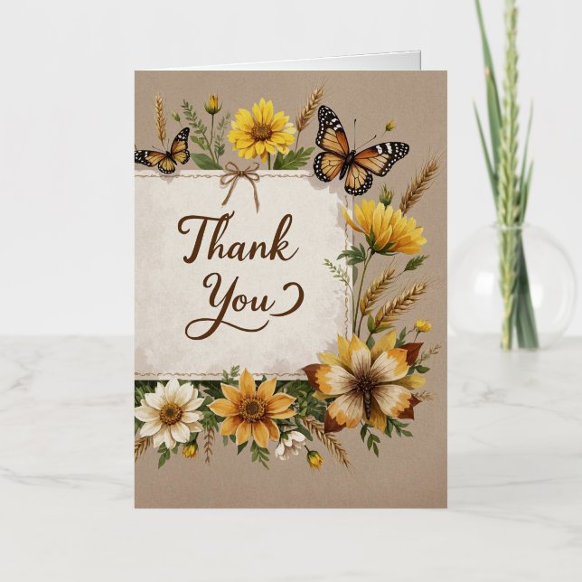 Thank you Hand drawn wildflowers, wheat stalks Foil Greeting Card (Front)