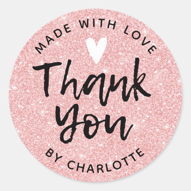 Thank You Handmade With Love Pink Glitter Classic Round Sticker (Front)