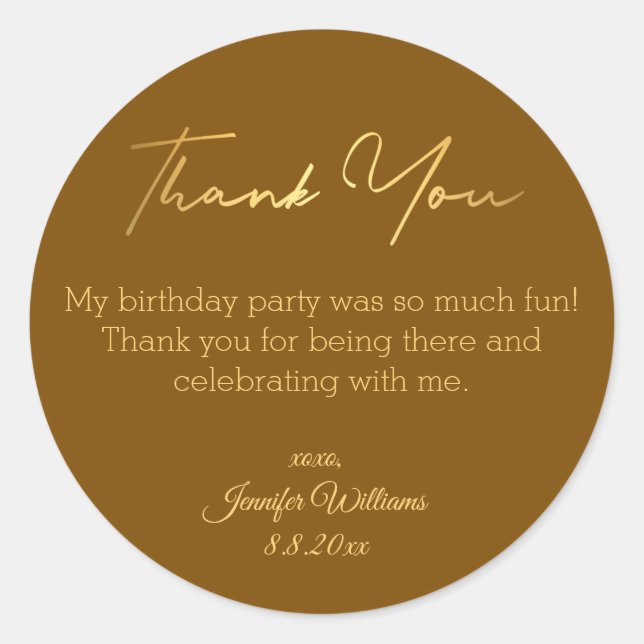 thank you happy birthday brown gold minimalist  classic round sticker (Front)
