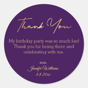 thank you happy birthday purple gold minimalist  classic round sticker
