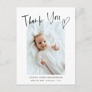 Thank You Heart Casual Script Baby Photo Birth Announcement Postcard