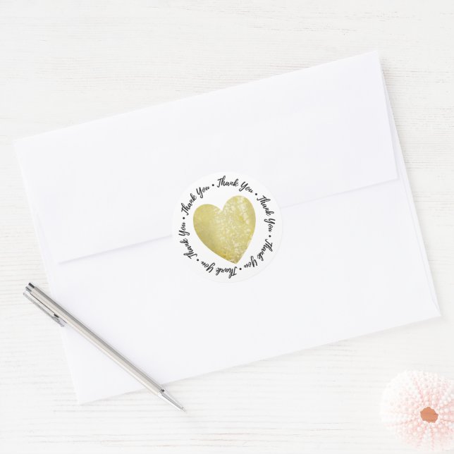 Thank You • Heart Stamp Faux Gold Foil Classic Round Sticker (Envelope)