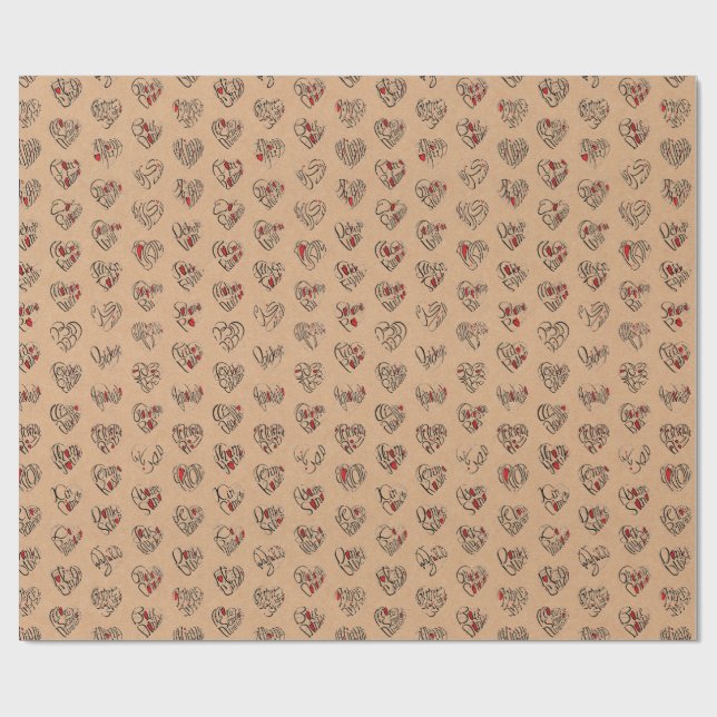 Thank you & hearts in 44langs as BK♡shaped pattern Wrapping Paper (Flat)