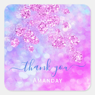 Thank You  Holograph Pink Blue Floral 16th Square Sticker