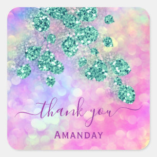 Thank You Holograph Pink Green Floral 16th Square Sticker