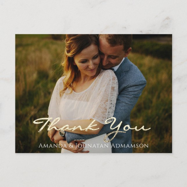 Thank You In Love Wedding Photo Golden Script Blue Postcard (Front)