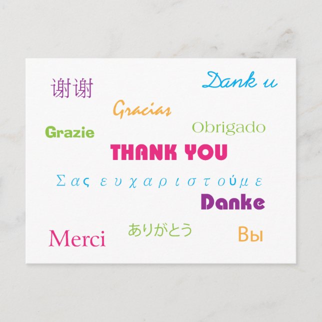 Thank You in Many Languages Pink Blue Purple Green Postcard (Front)