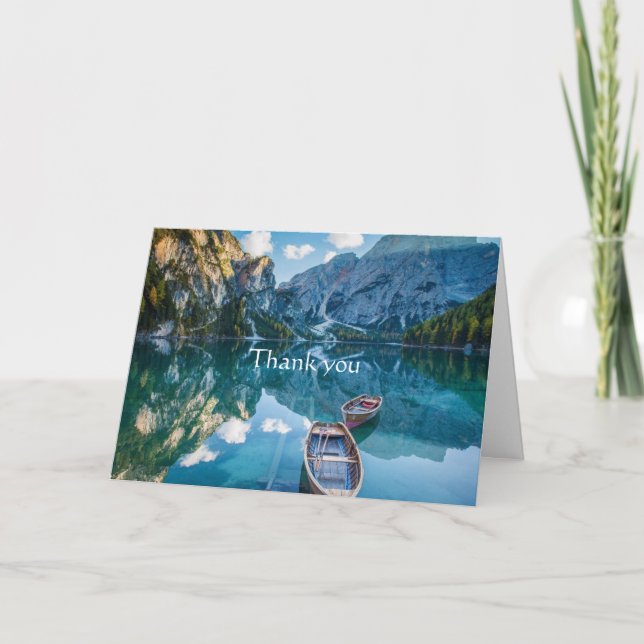 Thank you Landscape Mountain Lake Boat Scripture Card (Front)