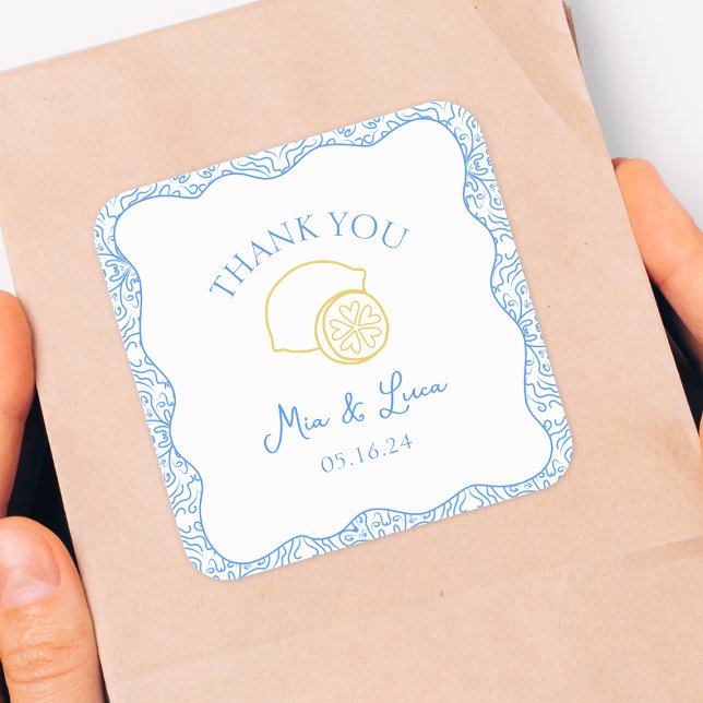Thank You Lemon Blue Tiles Personalized Wedding Square Sticker (Add a playful touch to your favors with these lemon and blue tile personalized thank you stickers, )