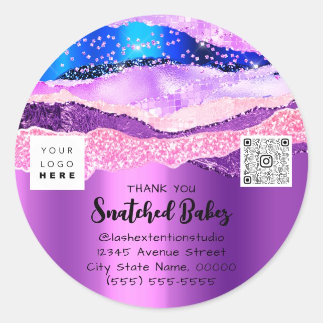 Thank You  Logo QR Code Shop Packaging Purple Classic Round Sticker (Front)