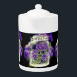 Thank You Lord (Purple Pansies) Teapot<br><div class="desc">Lovely designed teapot with a printed image of an acrylic painting. The painting has lovely pansies inside a crystal jar. On top of the crystal jar there are the words of giving God all the glory by saying,  "Thank You Lord."</div>