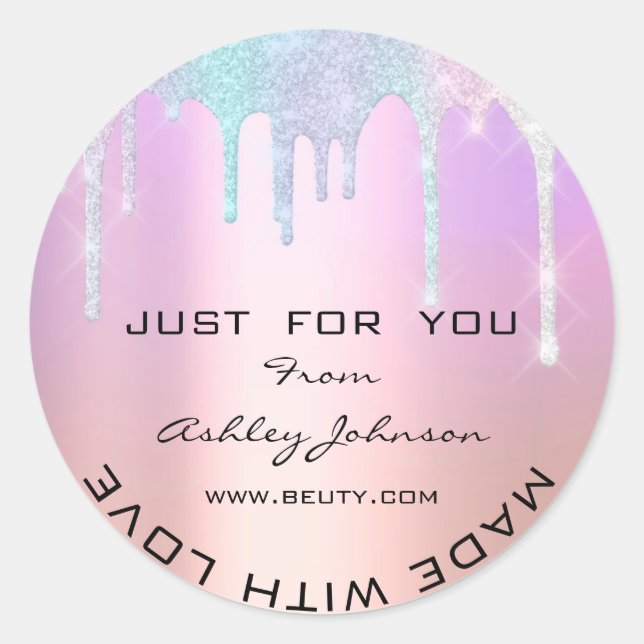 Thank You Made With Love Glitter Pink Rose Holgrap Classic Round Sticker (Front)