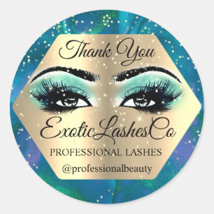 Thank YOU  Makeup Artist Gold LASHES Blue Teal Classic Round Sticker