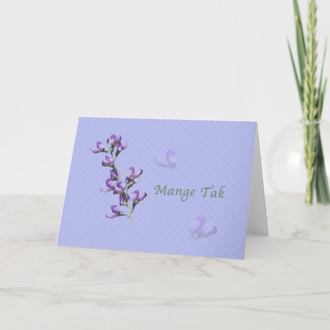 Thank You, Mange Tak, Danish, Purple Sweet Peas Thank You Card (Front)