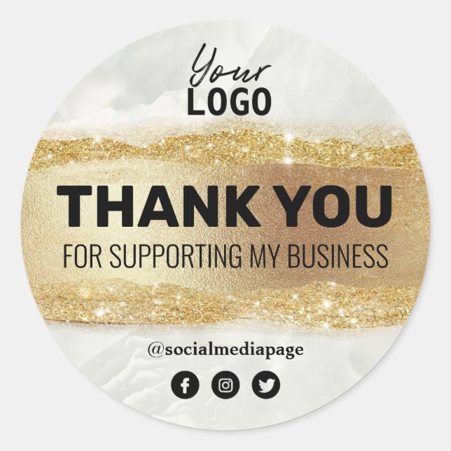 Thank You Marble And Gold Business Logo Classic Round Sticker (Front)