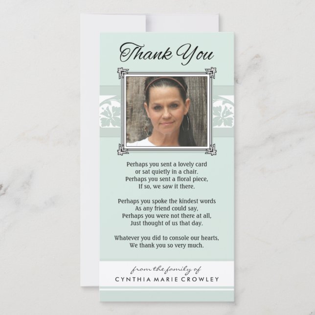 Thank You Memorial Light Green & White Photo Card (Front)