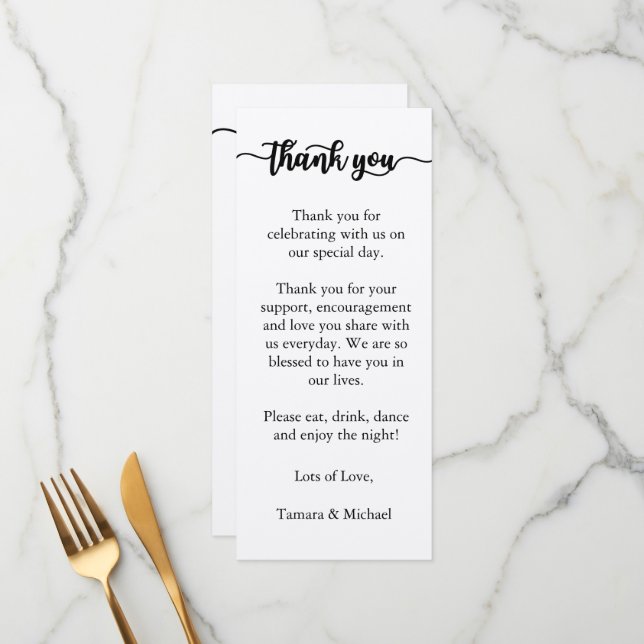 Thank You Menu Card, Reception Menu Thank You (Front/Back In Situ)