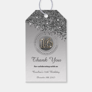 Thank You, Modern Black Glitter Sweet 16 Gift Tags