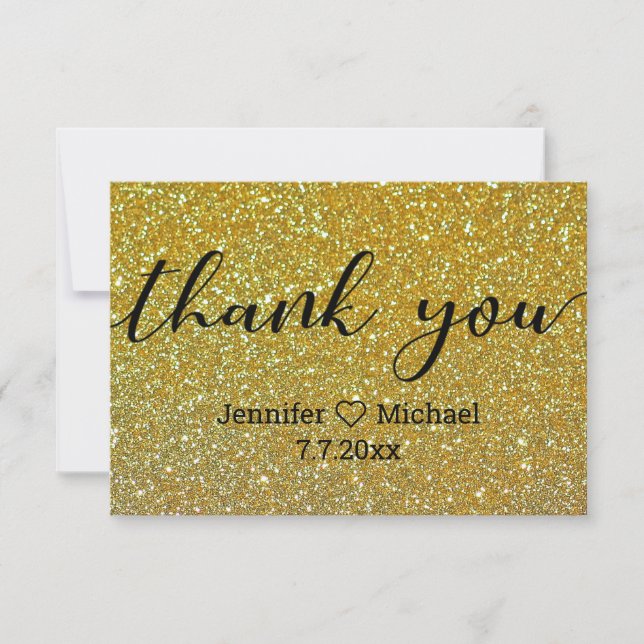 Thank you,modern calligraphy gold glitters wedding card (Front)