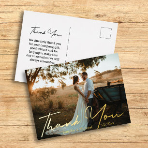 thank you,modern golden handwriting wedding photo foil holiday postcard