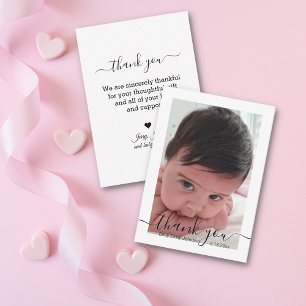thank you,modern handwriting baby girl photo card
