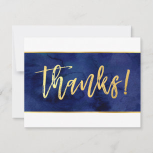 THANK YOU modern navy blue watercolor gold writing Card