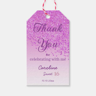 Thank You, Modern Pink Glitter Sweet 16 Gift Tags