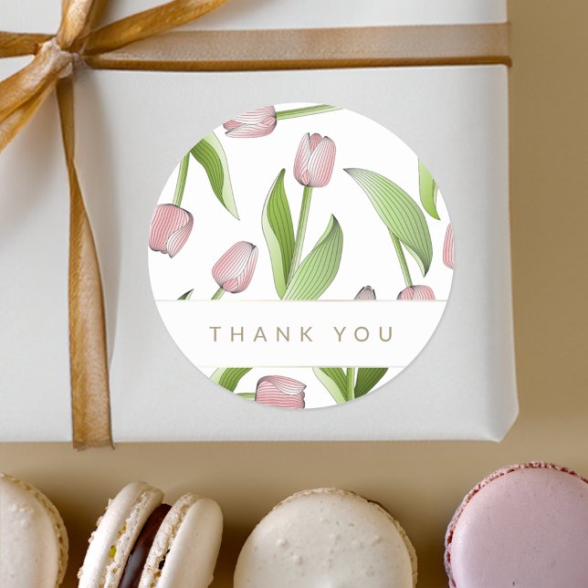 Thank You Modern Pink Tulip Classic Round Sticker (Creator Uploaded)