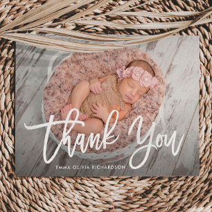 Thank You Modern Script Photo Birth Announcement