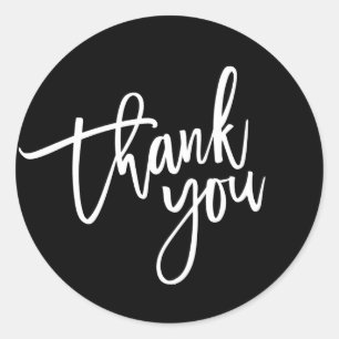 THANK YOU modern script type packaging black white Classic Round Sticker