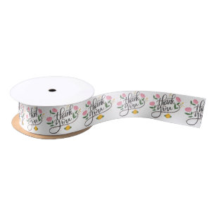 Thank you-Modern typography & floral accents Satin Ribbon