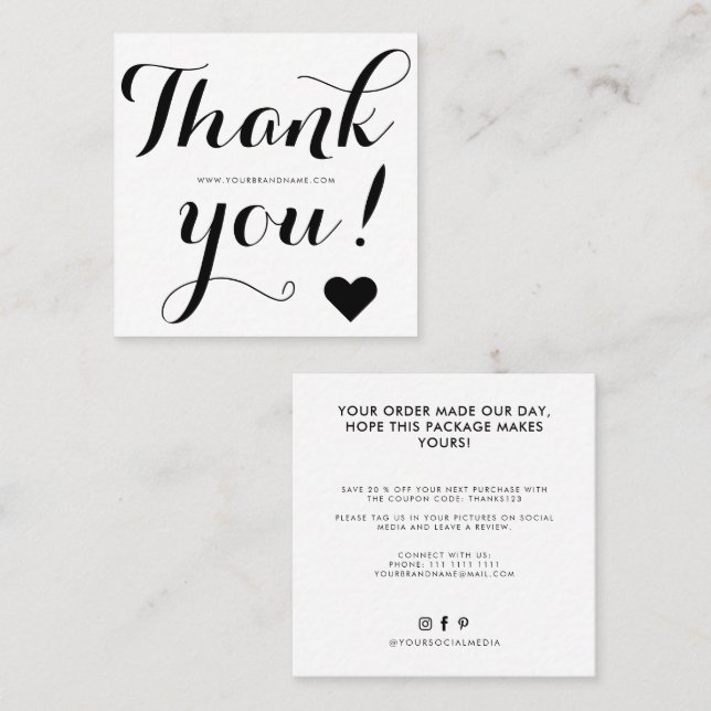 Thank you modern white black square business card (Front/Back)