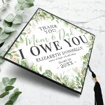 Thank You Mom & Dad Graduation Graduation Cap Topper<br><div class="desc">Celebrate the journey of hard work, dedication, and love! Introducing our exclusive custom graduate cap topper. Adorned with elegant watercolor green botanical eucalyptus leaves, glistening gold floral accents, and a sentimental message, 'thank you, mom & dad I owe you'. Make it truly yours by adding your name, school or college,...</div>