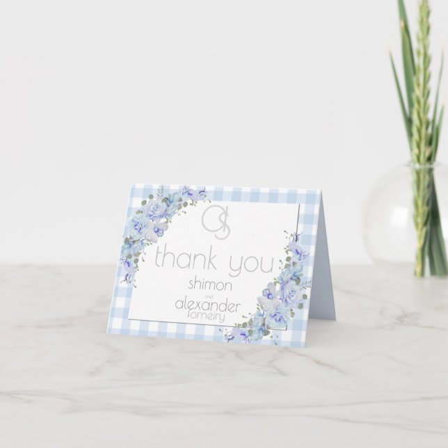 Thank You | Monogram Blue Gingham Note Card (Front)