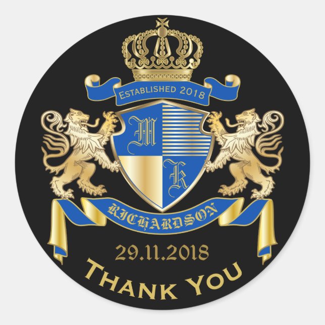 Thank You Monogram Coat of Arms Gold Blue Emblem Classic Round Sticker (Front)