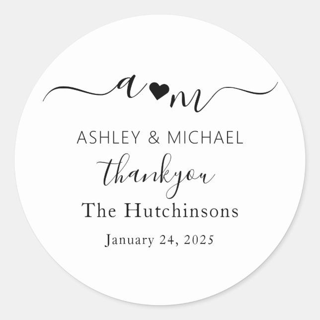 Thank You Monogram Elegant Wedding Classic Round Sticker (Front)
