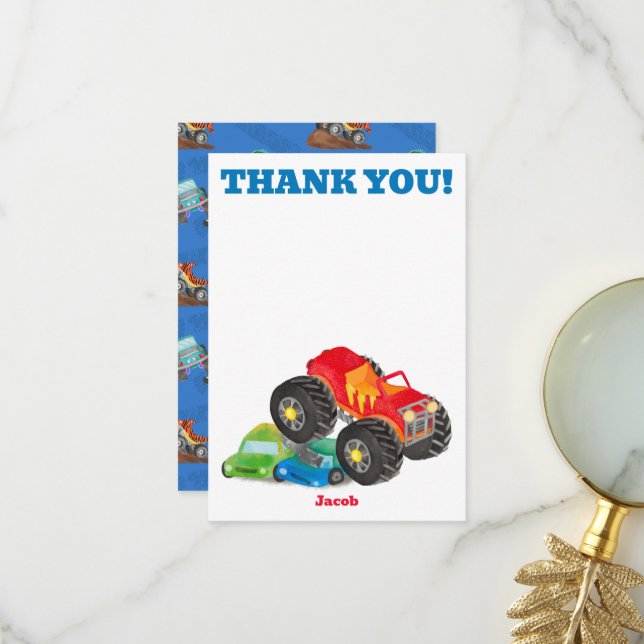 Thank You Monster Truck Birthday Bash Watercolor (Front/Back In Situ)
