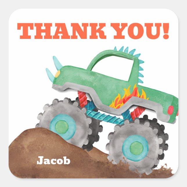 Thank You Monster Truck Birthday Bash Watercolor Square Sticker (Front)
